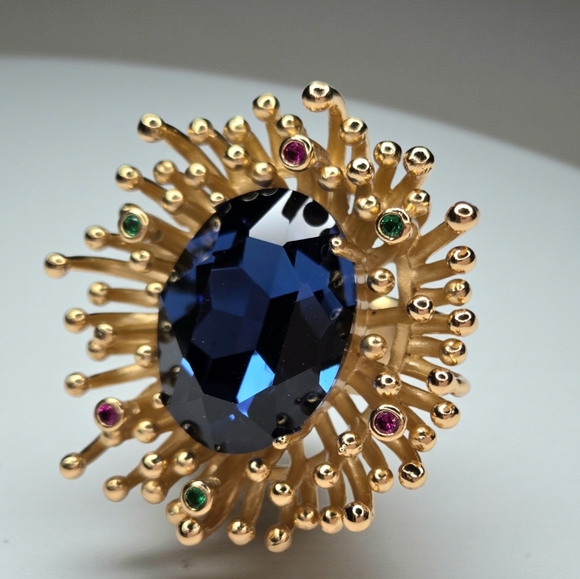 Designer Jewelry - 18k Gold Plated Sapphire Crystal Fire Works Massive Statement Ring